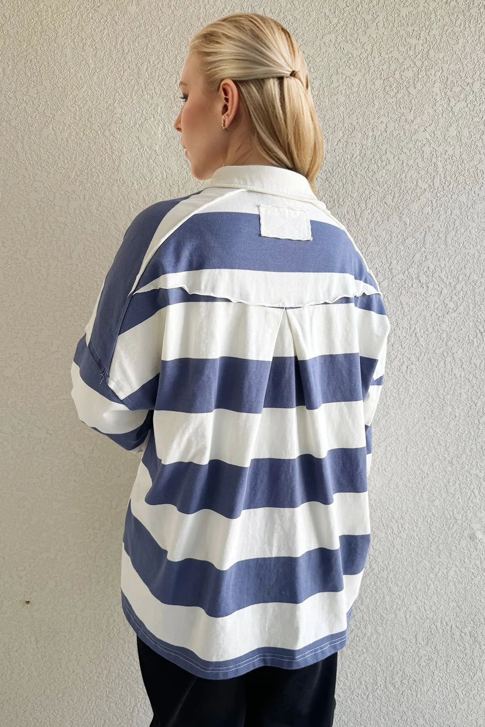 Oh Pima Cotton Wash Wide Striped Collared Neck Long Sleeve Top 