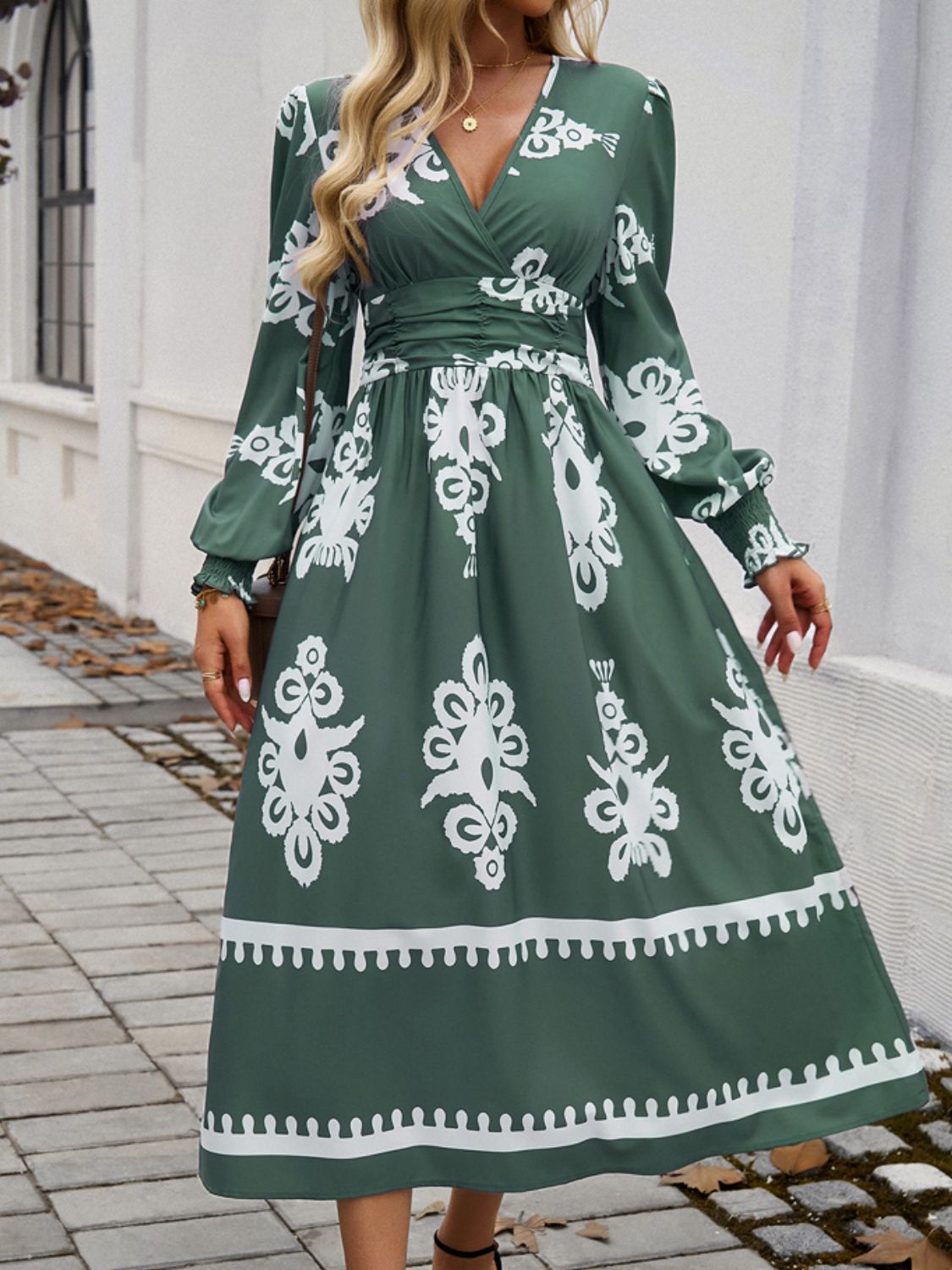 Devine Printed Surplice Lantern Sleeve Midi Dress 