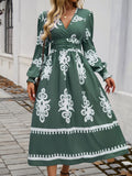 Devine Printed Surplice Lantern Sleeve Midi Dress 