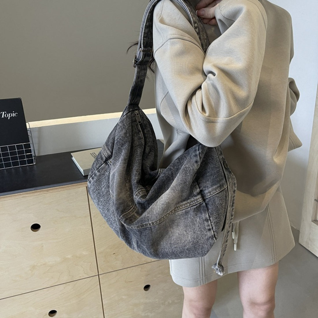Adjustable Strap Denim Tote Bag 