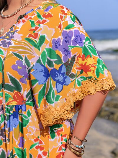 Plus Size Lace Detail Printed Tie Neck Half Sleeve Dress Dresses