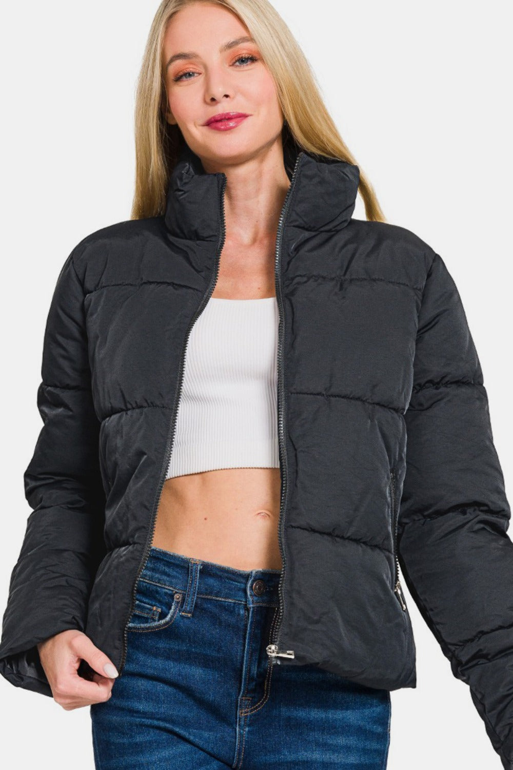 Zenana Zip Up Turtleneck Puffer Jacket with Pockets 