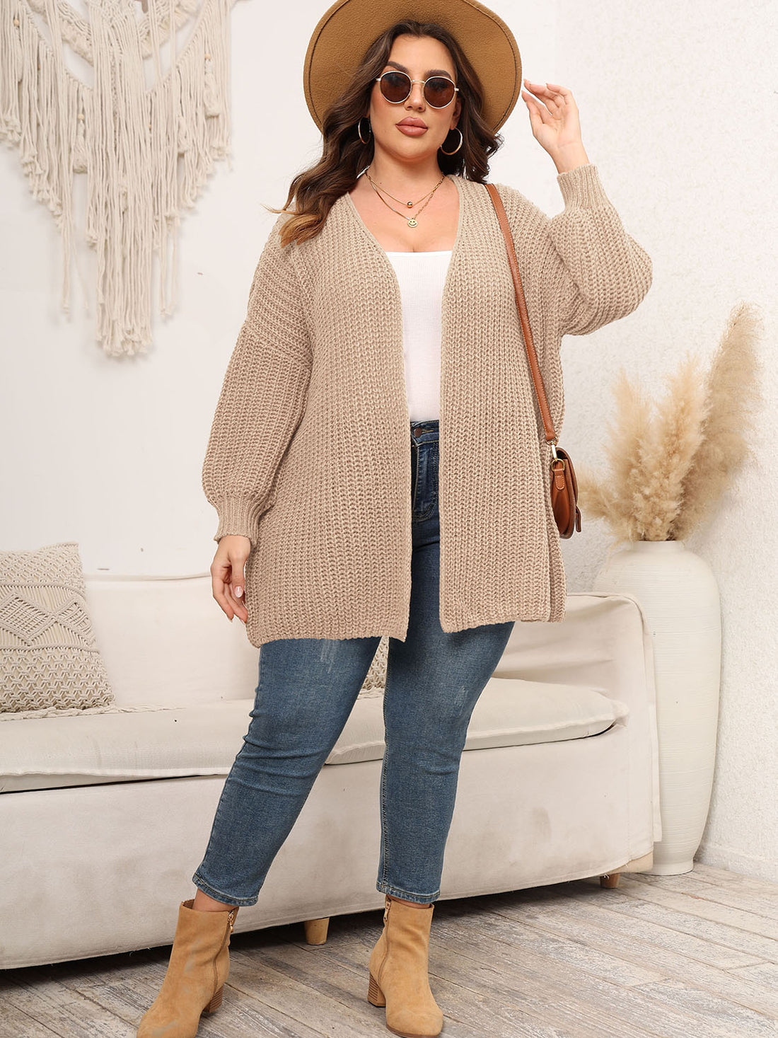 Plus Size Open Front Dropped Shoulder Knit Cardigan 