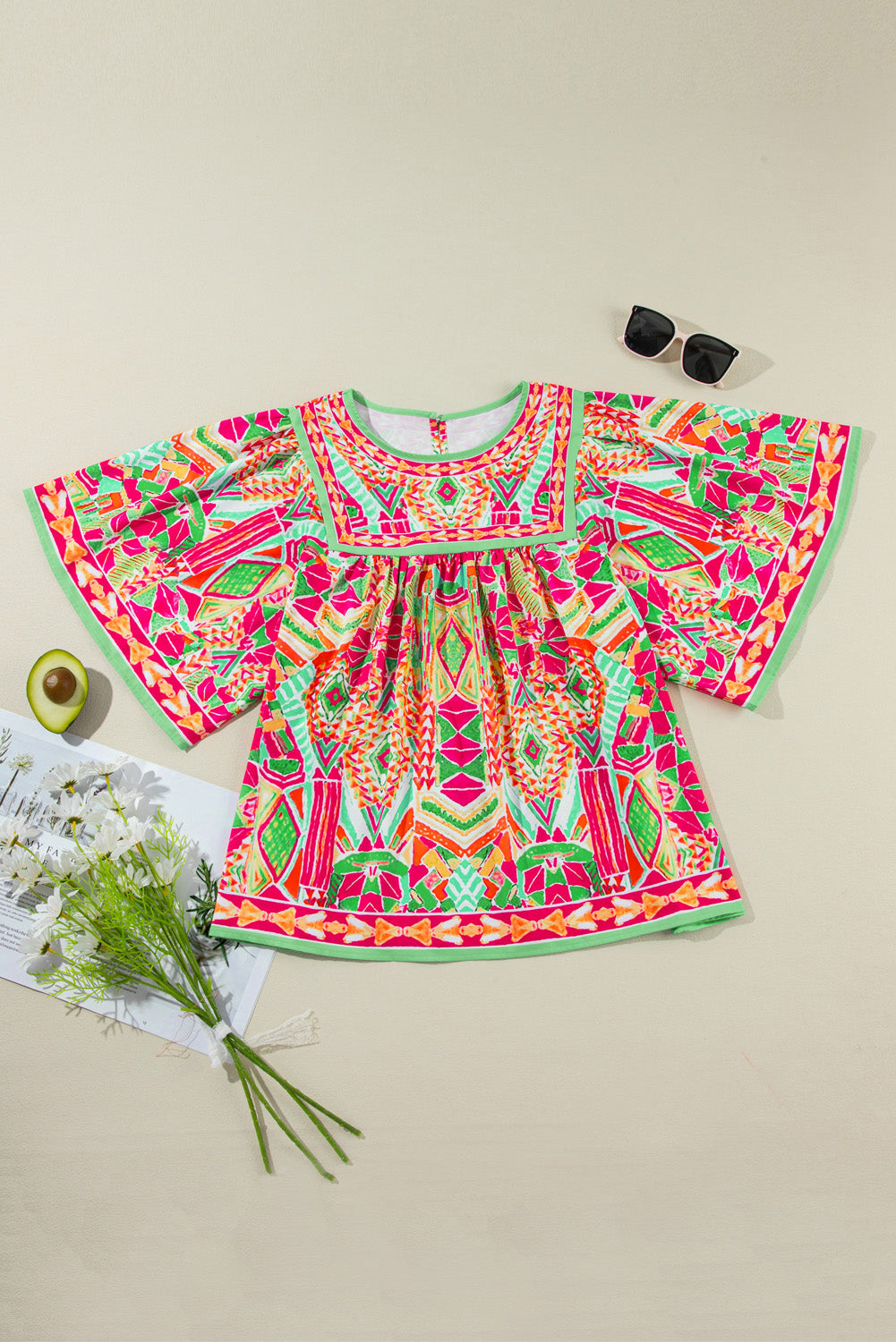 Plus Size Printed Round Neck Half Sleeve Blouse 