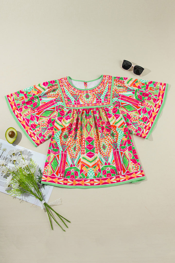 Plus Size Printed Round Neck Half Sleeve Blouse 