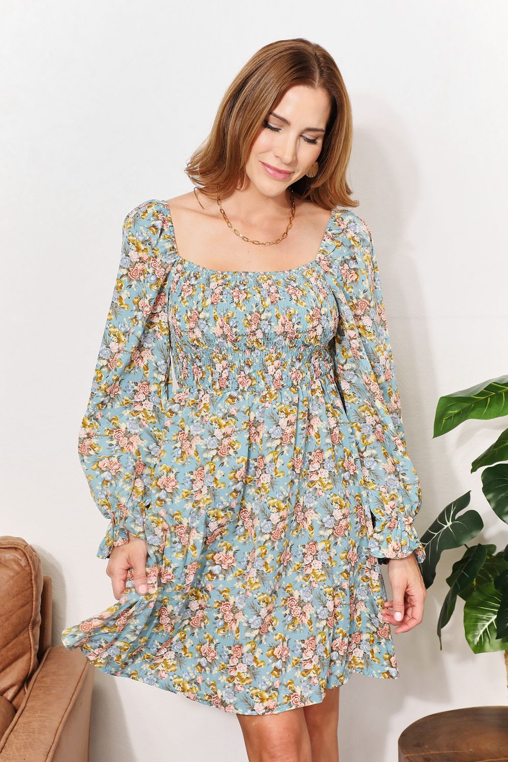 Honey Floral Smocked Flounce Sleeve Square Neck Dress 