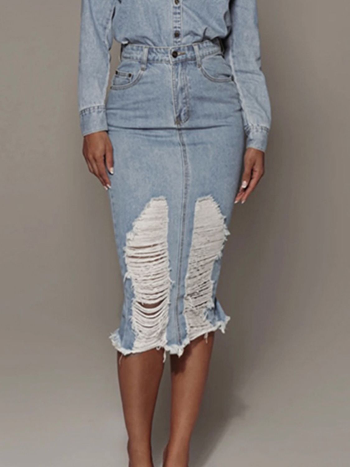 Distressed Slit Denim Skirt 