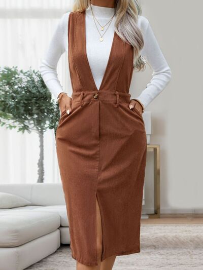 Perfee Slit Overall Dress with Pockets Dresses