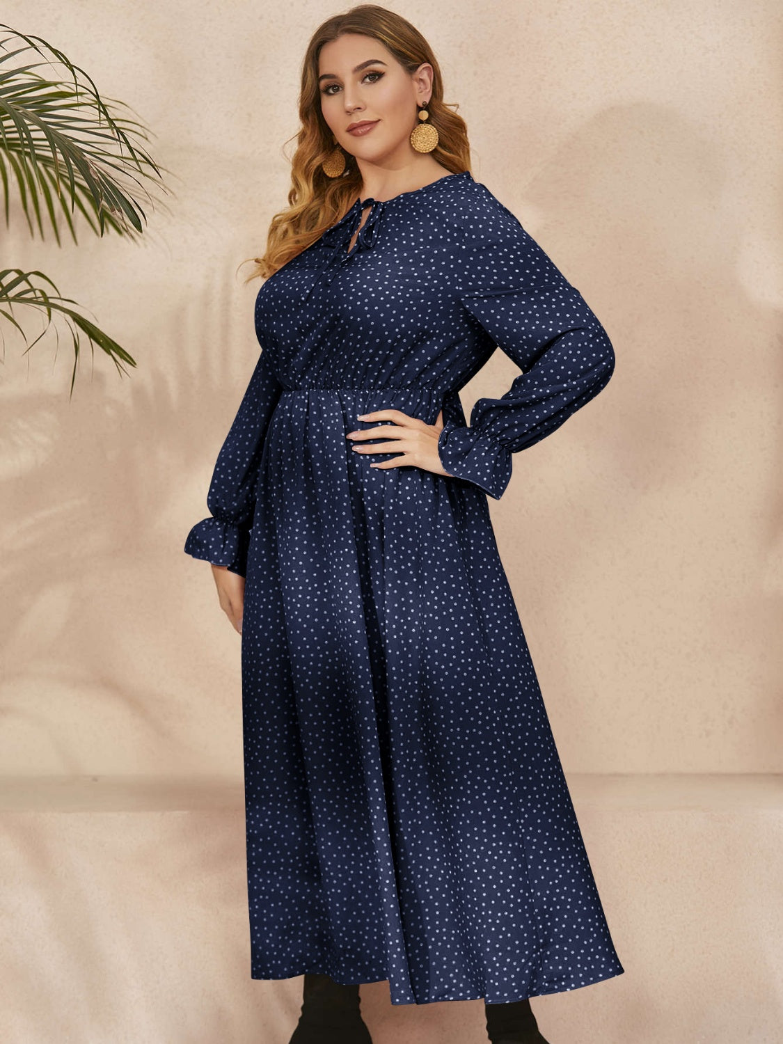 Honey Plus Size Ruffled Polka Dot Long Sleeve Midi Dress 