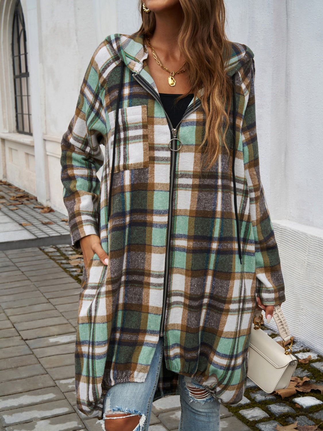 Devine Plaid Zip Up Hooded Coat 