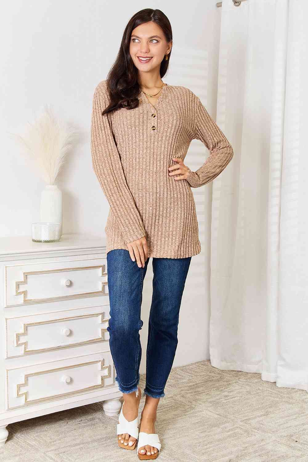 Double Take Notched Neck Ribbed Long Sleeve T-Shirt 