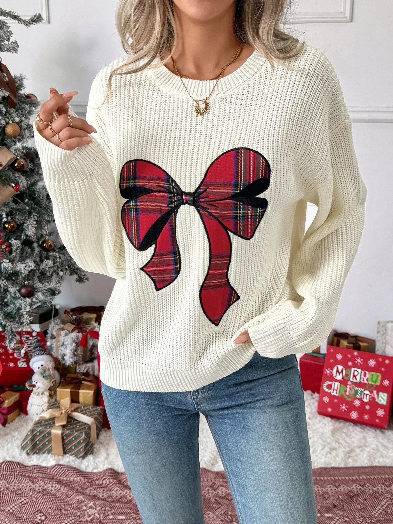 Christmas Bow Dropped Shoulder Sweater 