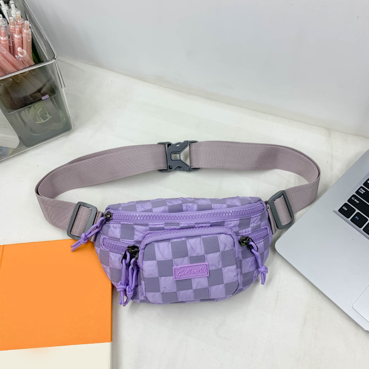 Checkered Adjustable Strap Nylon Crossbody Bag 