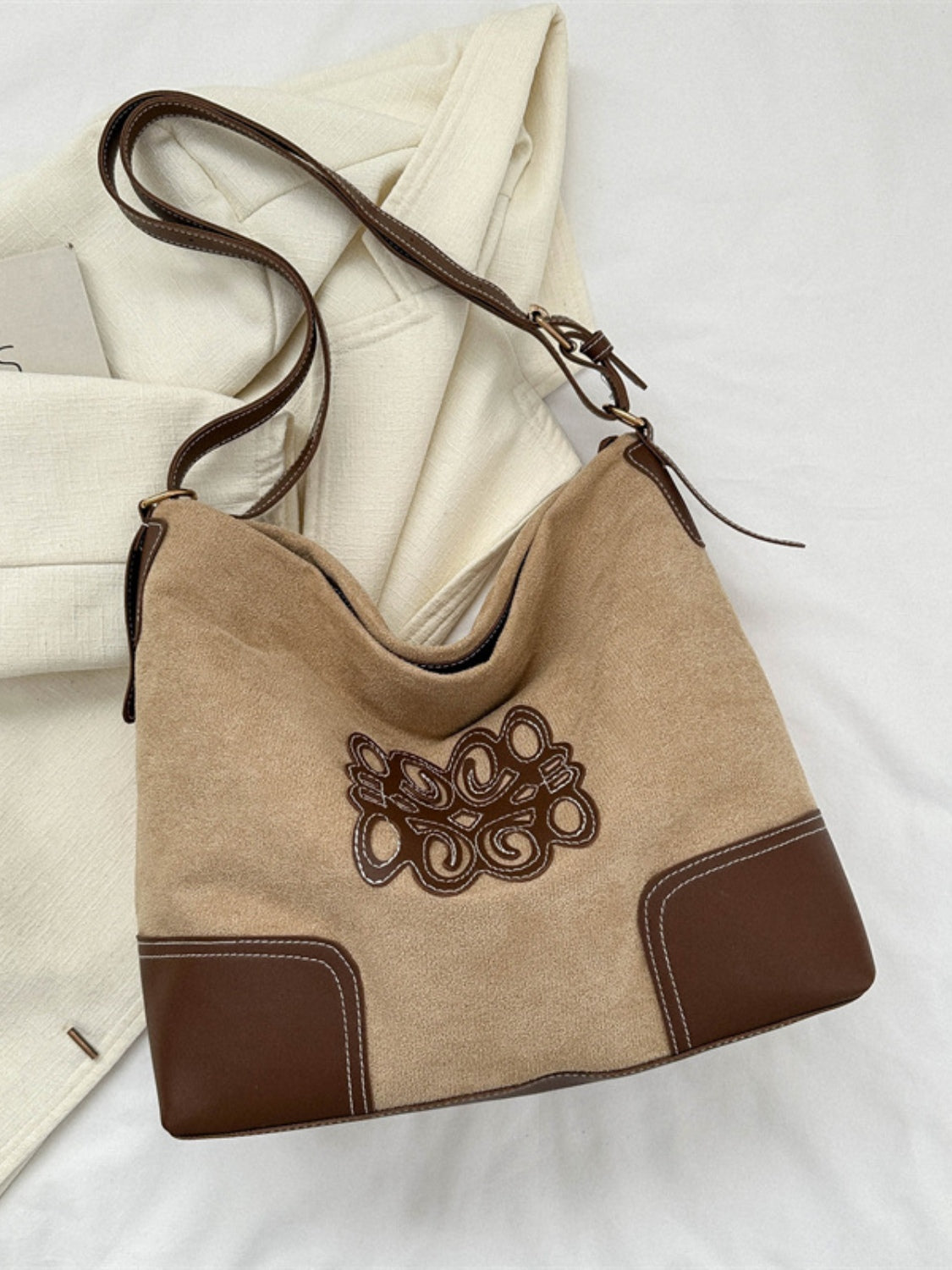 Suede Patch Adjustable Strap Tote Bag 