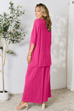 Double Take Full Size Round Neck Slit Top and Pants Set 