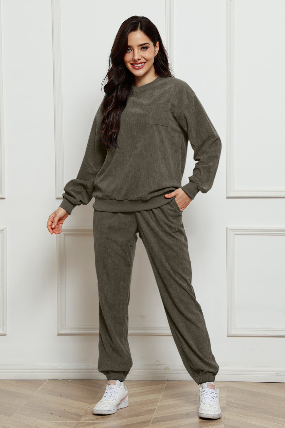 Corduroy Round Neck Sweatshirt and Sweatpants Set 