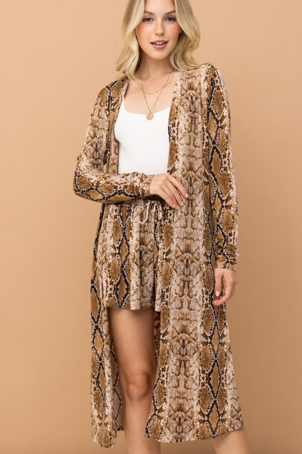 And The Why Snake Print Kimono Open Front Longline Cardigan 