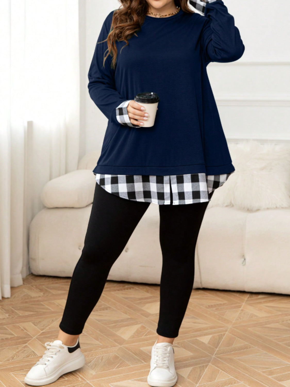 Plus Size Plaid Hem Round Neck Long Sleeve Sweatshirt 