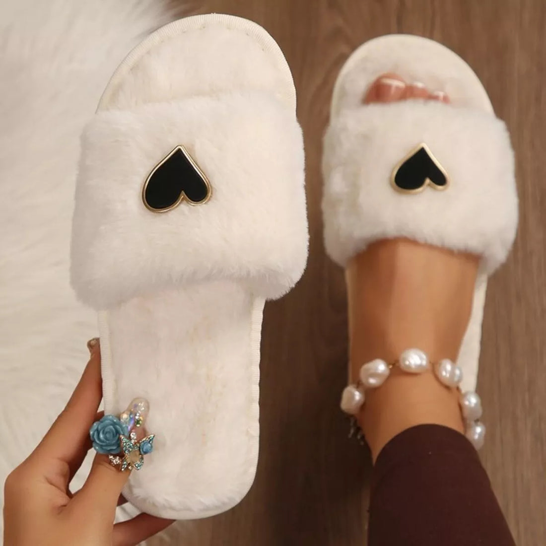 Heart Open Toe Flats Slippers 