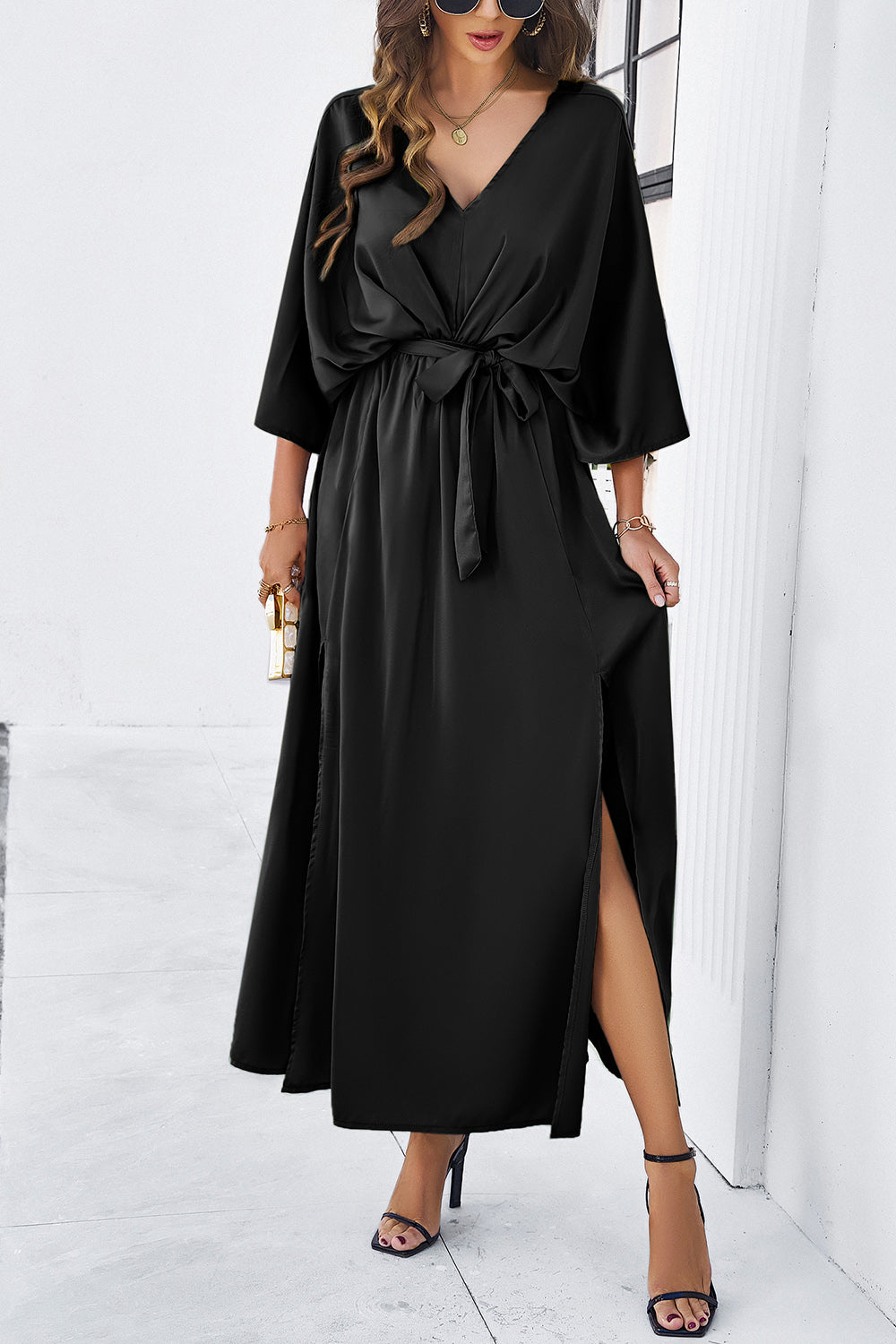Devine Slit Tied V-Neck Three-Quarter Sleeve Dress 