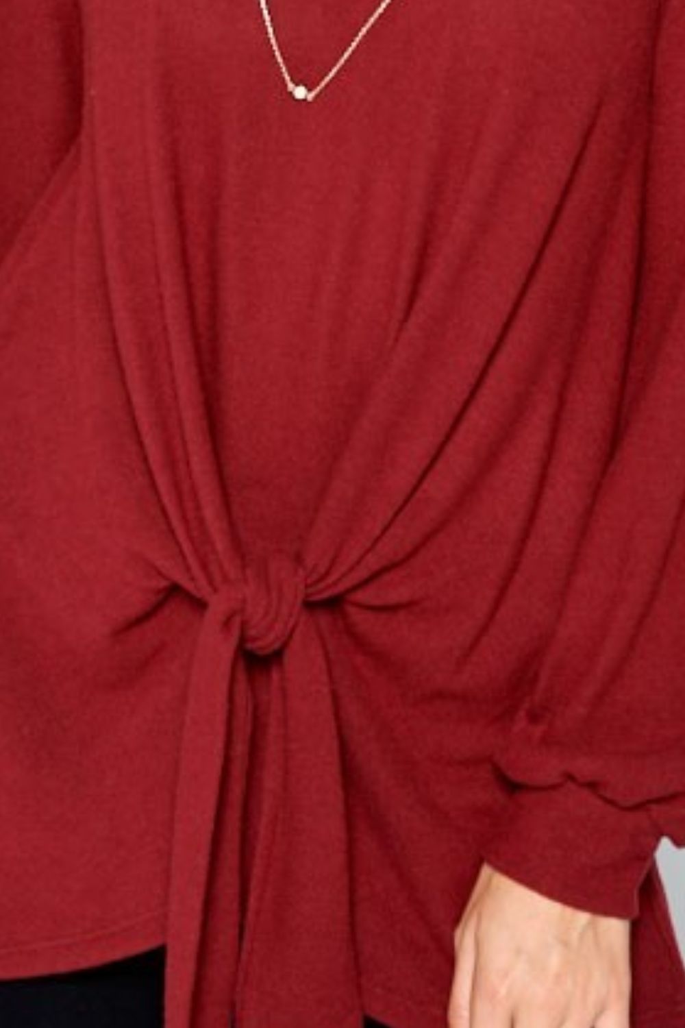 Super Lady Full Size Round Neck Knot Front Hacci Blouse 