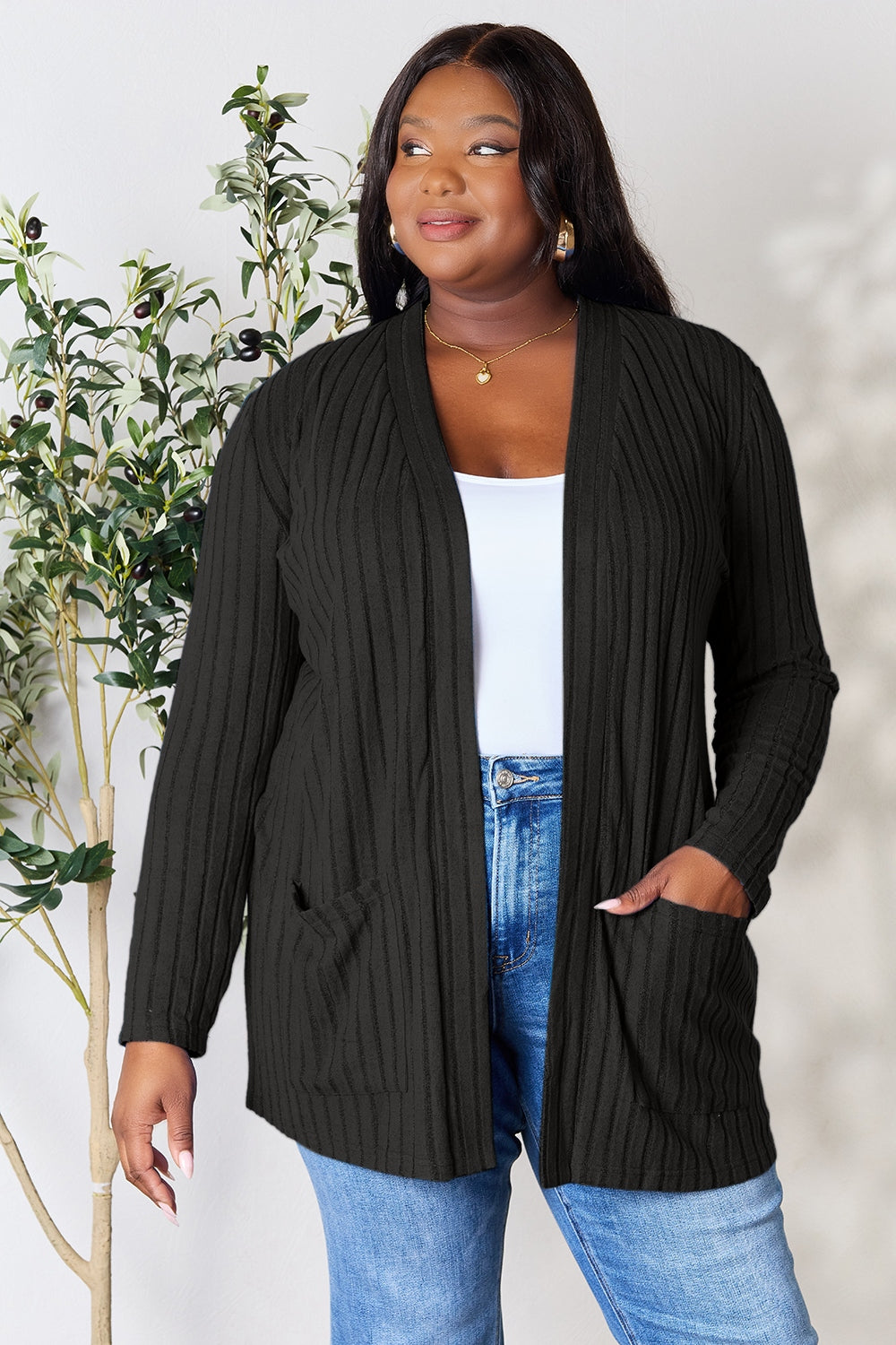 Basic Bae Full Size Ribbed Open Front Cardigan with Pockets 