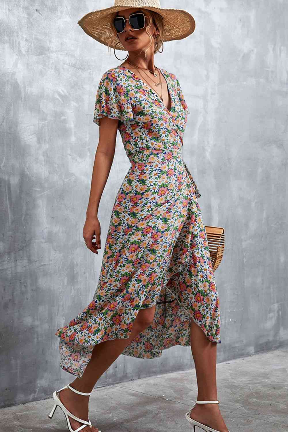 Floral Surplice Neck Tied Midi Dress Dresses