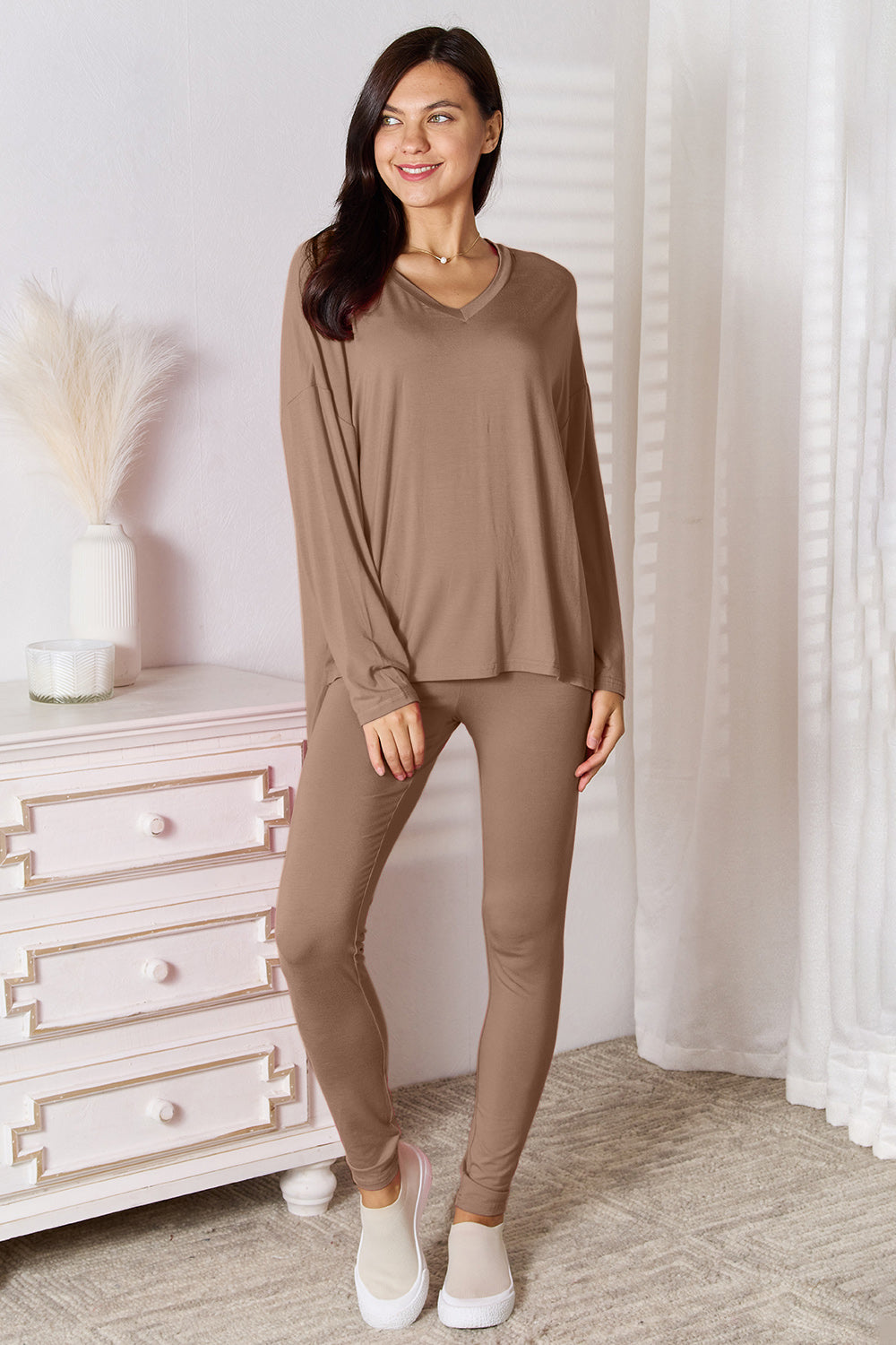 Basic Bae Full Size V-Neck Soft Rayon Long Sleeve Top and Pants Lounge Set 
