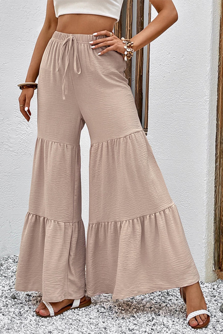 Perfee Drawstring Waist Tiered Flare Culottes 
