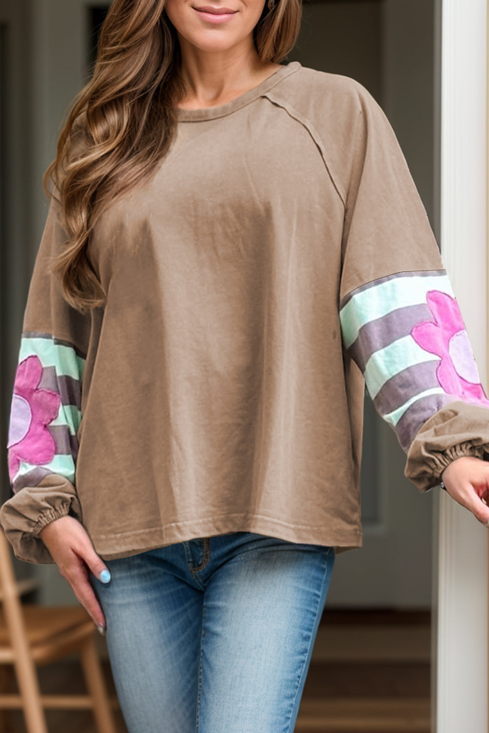 Plus Size Flower Round Neck Long Sleeve Blouse 