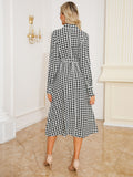 Tied Houndstooth Long Sleeve Midi Dress 