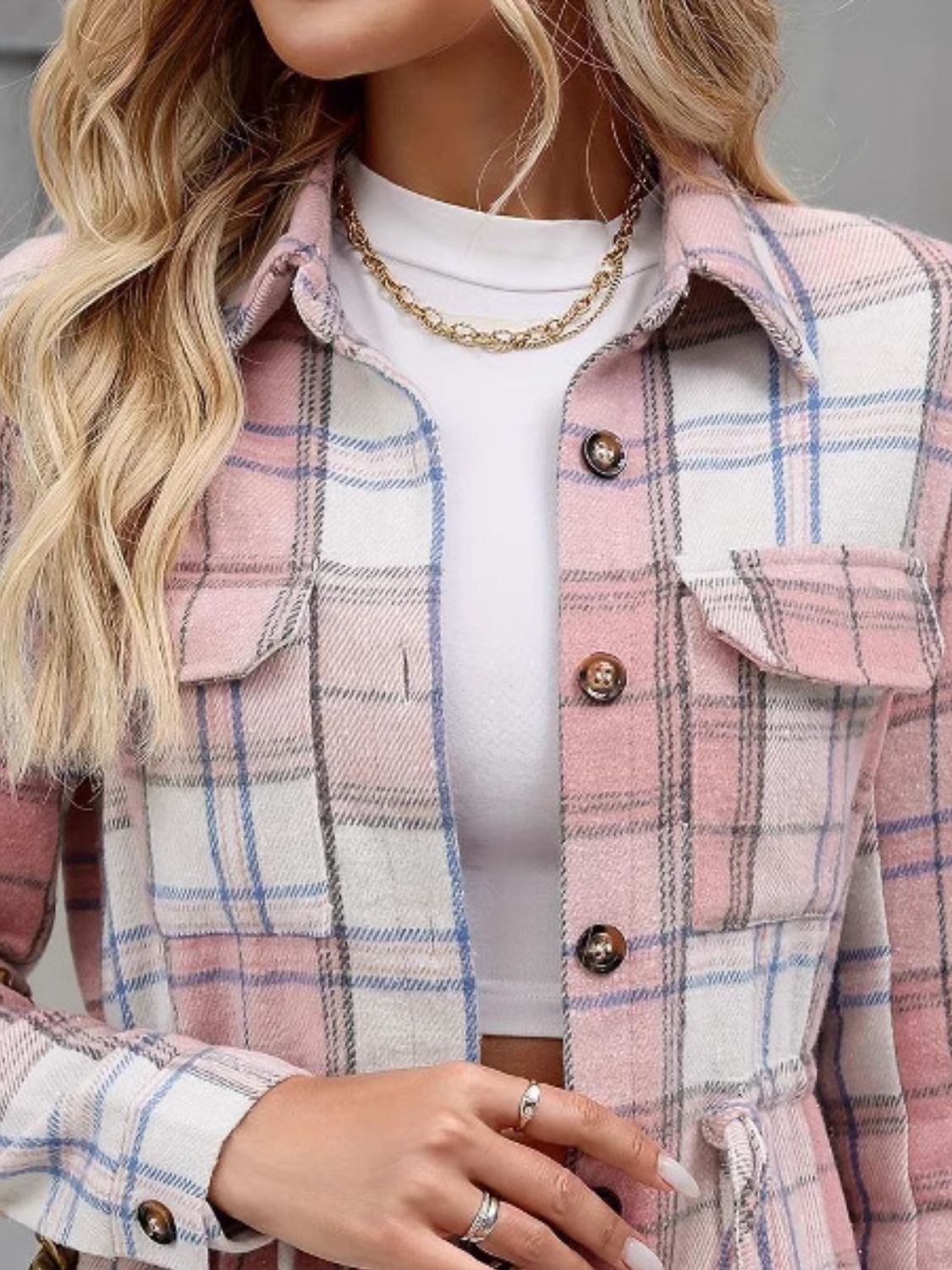 Drawstring Plaid Button Up Jacket with Chest Pockets 
