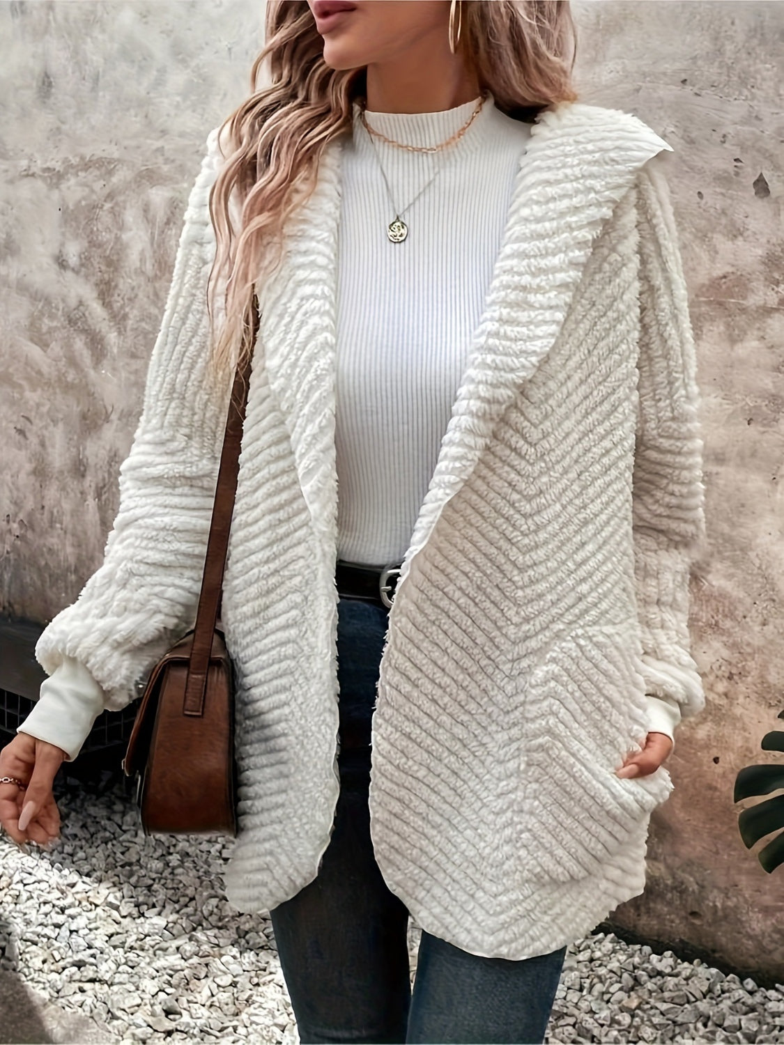Open Front Long Sleeve Hooded Fuzzy Cardigan 