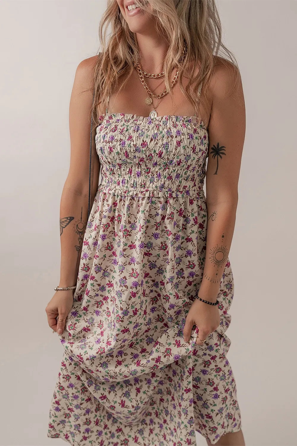 Multicolour Bohemian Ditsy Floral Smocked Fit Flare Sundress 