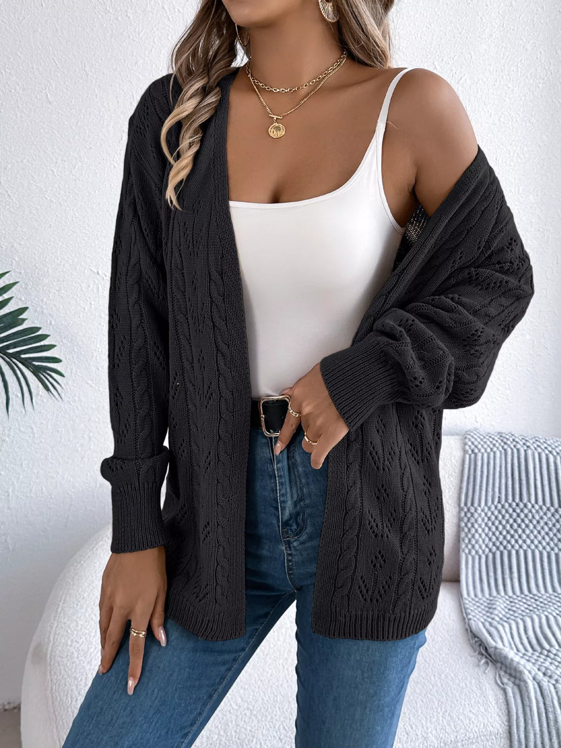 Openwork Open Front Long Sleeve Cardigan 