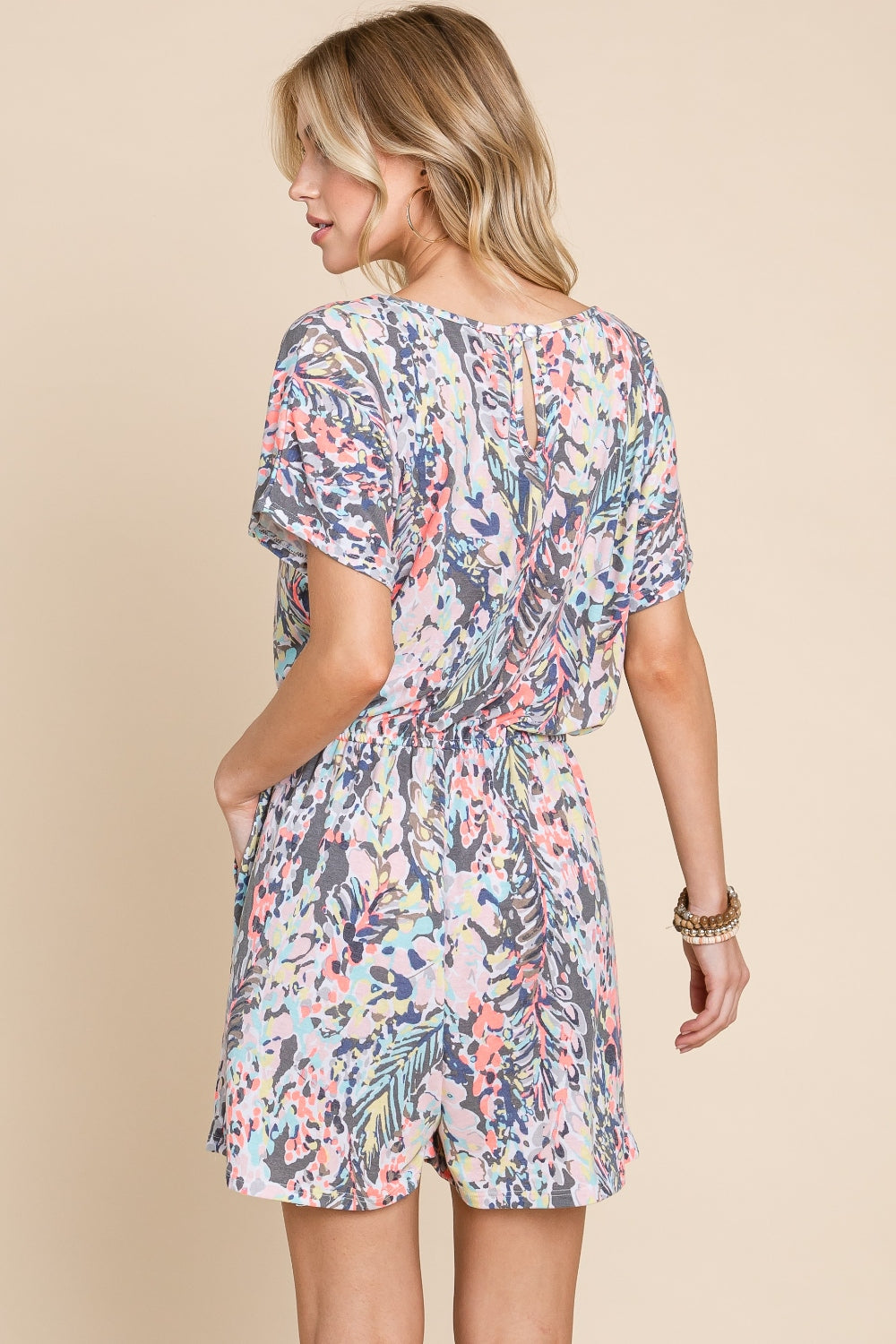 BOMBOM Printed Short Sleeve Drawstring Romper 