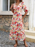 Perfee Printed V-Neck Half Sleeve Midi Dress Dresses