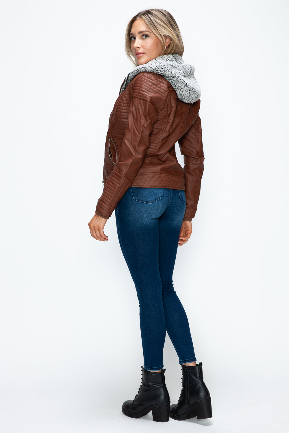 YMI Faux Layered Double-Zipper Jacket with Fuzzy Hood 