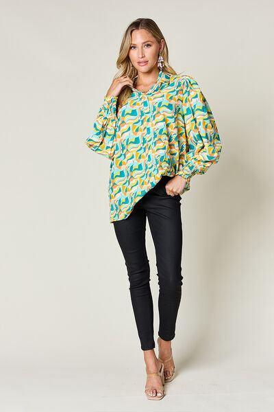 Double Take Full Size Printed Smocked Long Sleeve Blouse 