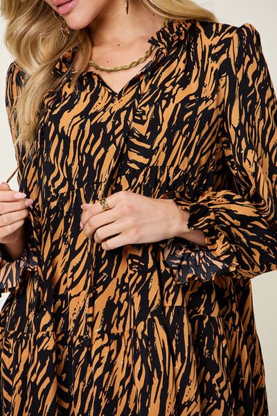 Double Take Full Size Printed Ruffle Hem Long Sleeve Dress Dresses