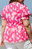 Plus Size Ruffled Printed Notched Short Sleeve Blouse 