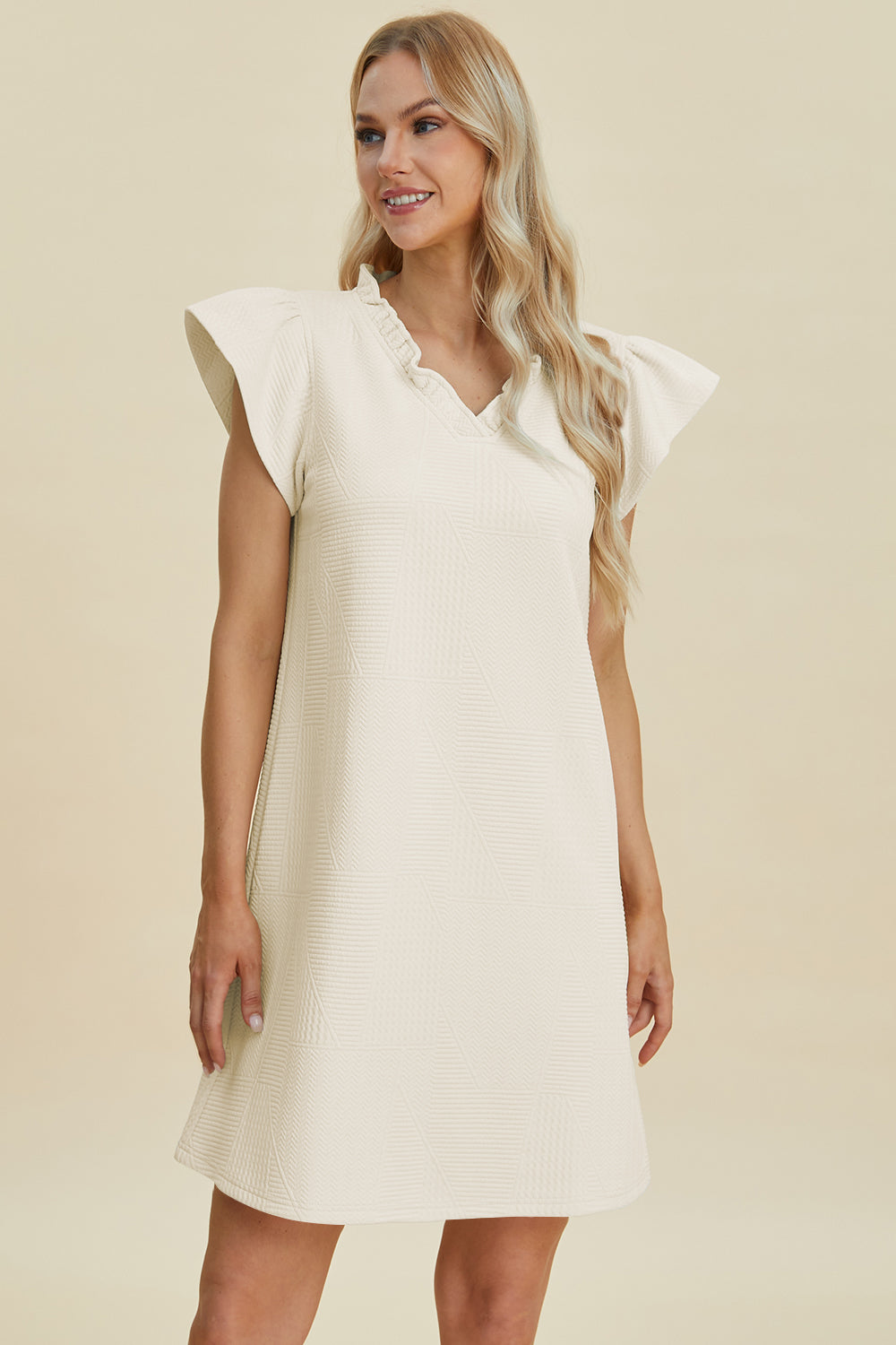 Double Take Full Size Ruffled V-Neck Cap Sleeve Dress 