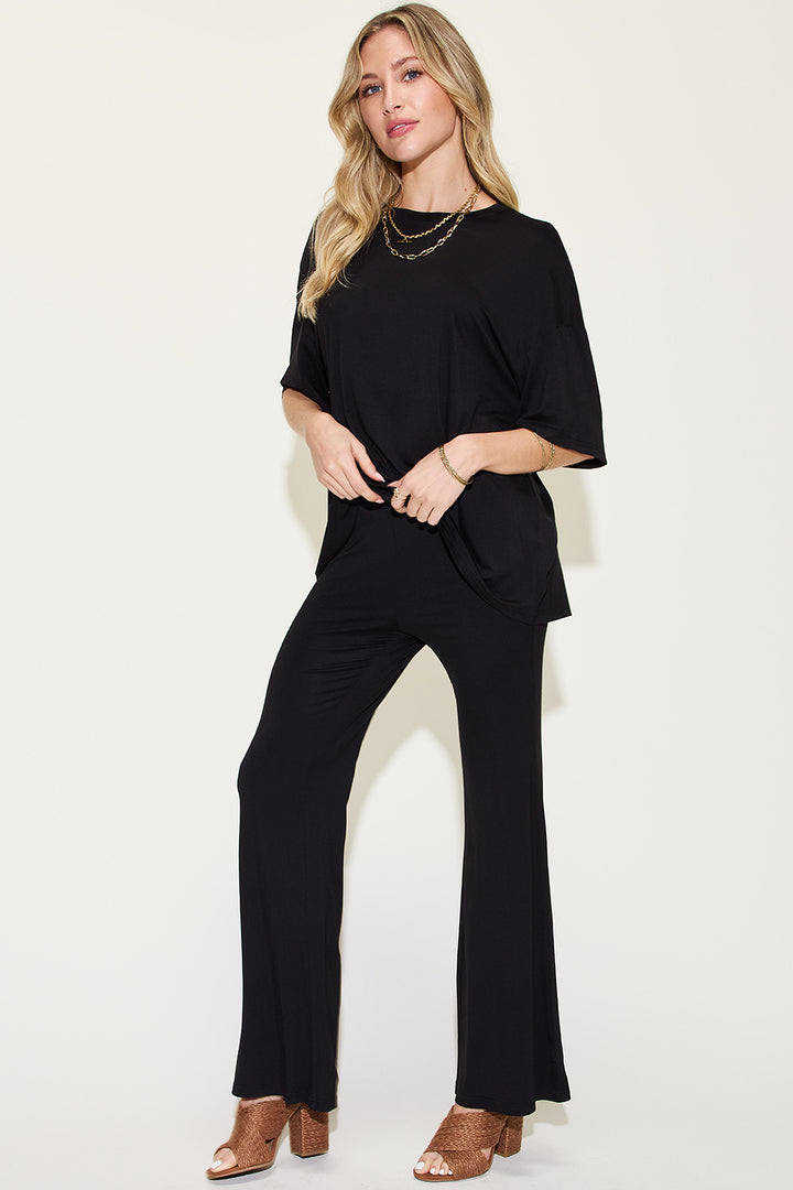 Basic Bae Full Size Bamboo Drop Shoulder T-Shirt and Flare Pants Set 
