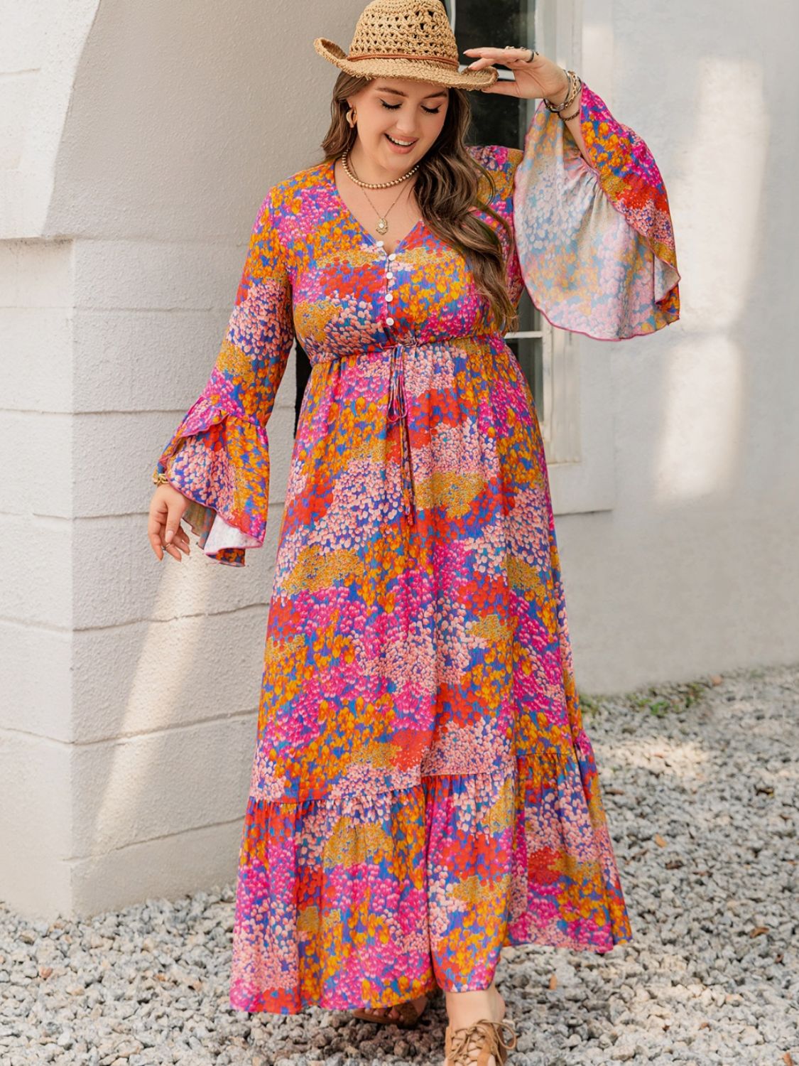 Plus Size Printed V-Neck Long Sleeve Maxi Dress 
