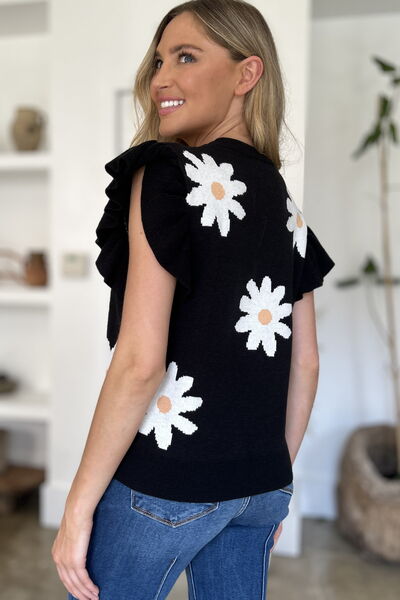 Double Take Full Size Ruffled Flower Round Neck Cap Sleeve Sweater 