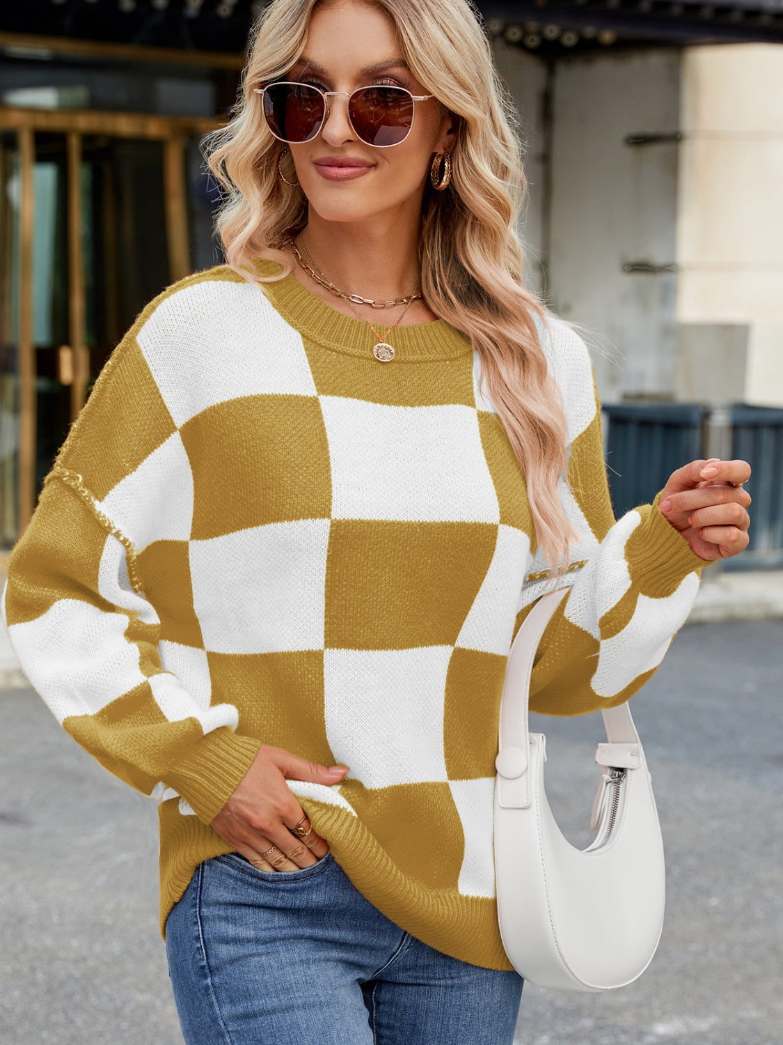 Checkered Round Neck Long Sleeve Sweater 