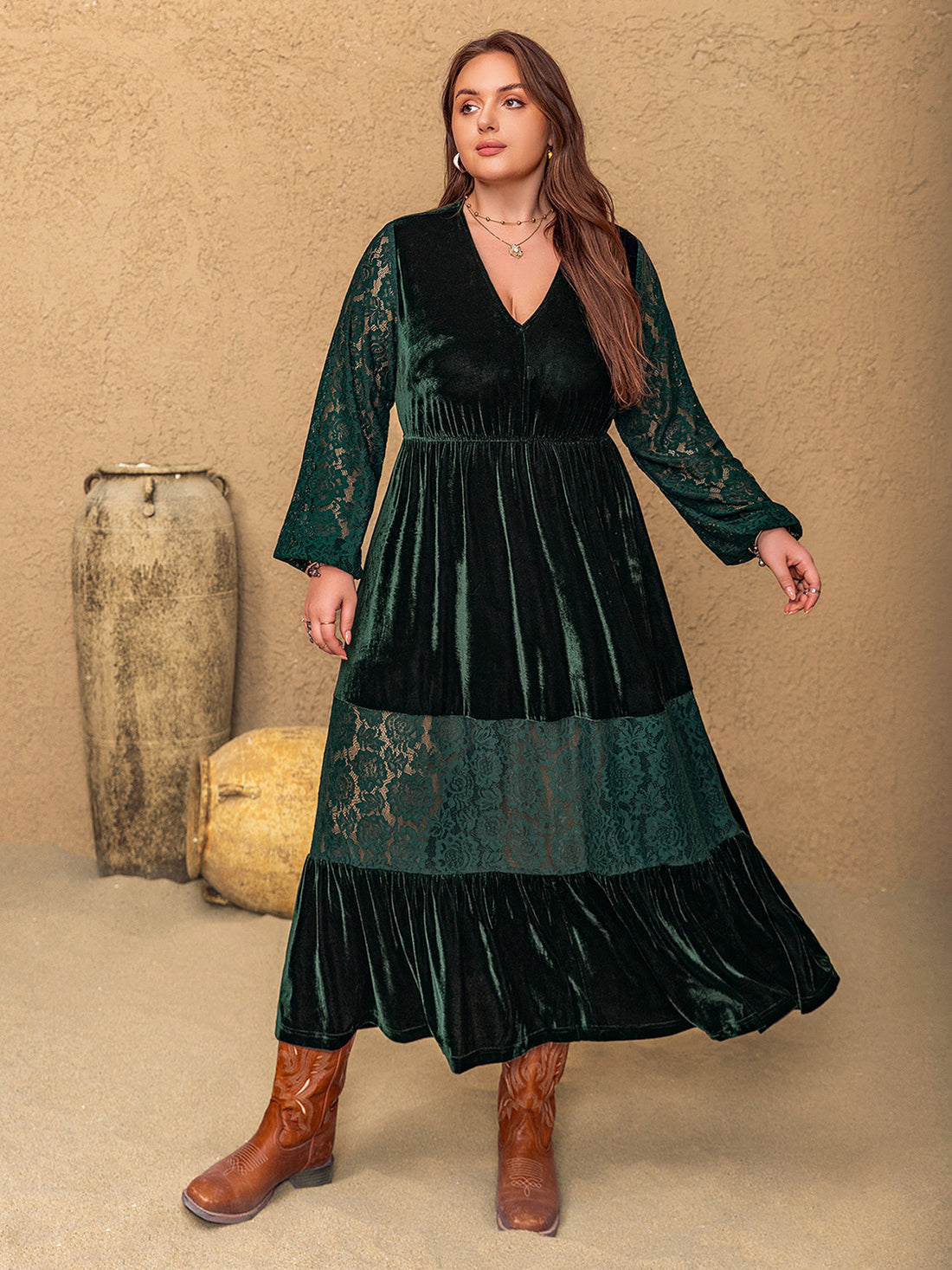 Plus Size Lace Patchwork V-Neck Balloon Sleeve Midi Dress 