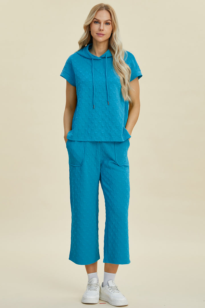 Double Take Full Size Texture Drawstring Short Sleeve Hoodie and Pocketed Pants Set 