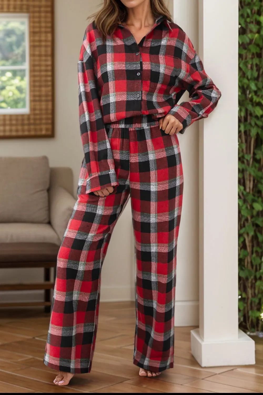 Plaid Long Sleeve Top and Pants Lounge Set Lingerie & Nightwear