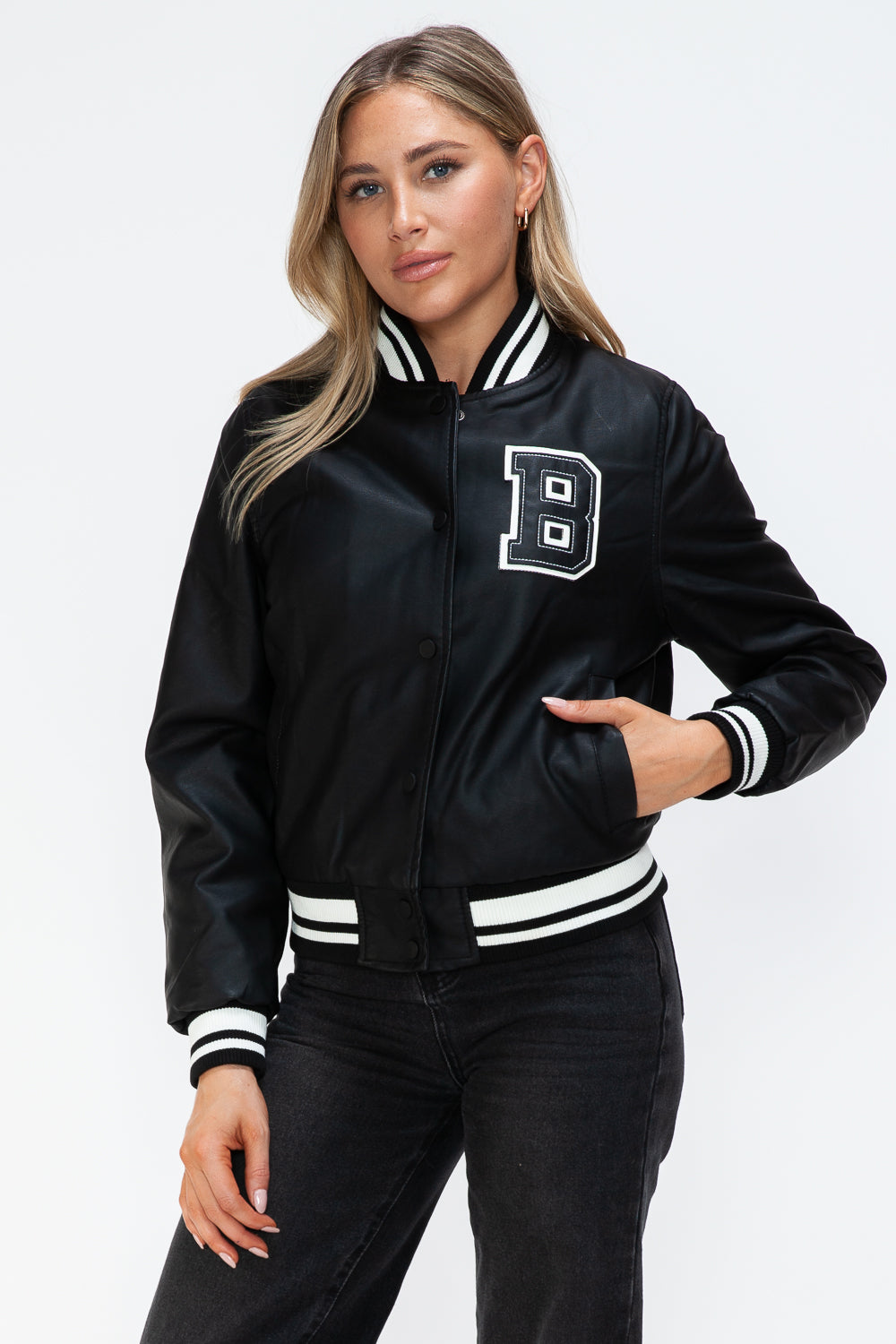 Love Me Now PU Leather Contrast Snap Down Bomber Jacket 